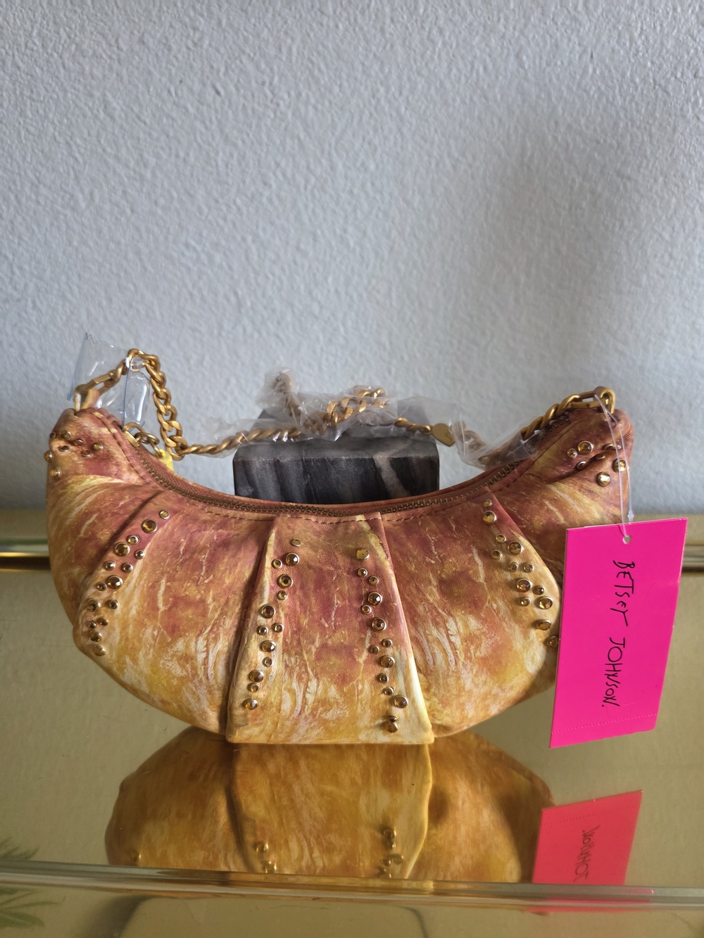 Betsey Johnson Pink & Gold Studded Crescent Shoulder Bag